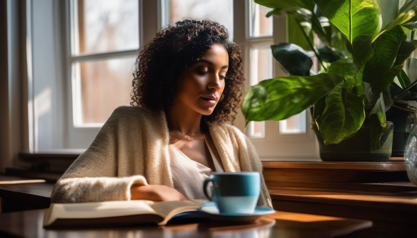 Adult reflecting in a peaceful living room