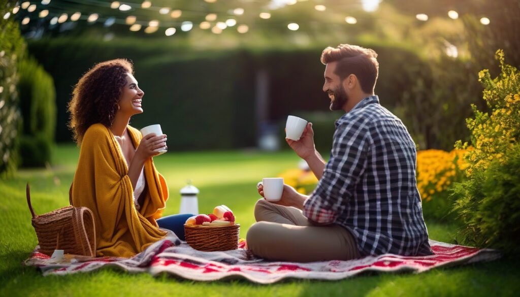 Adult sharing a laugh during a casual outdoor conversation