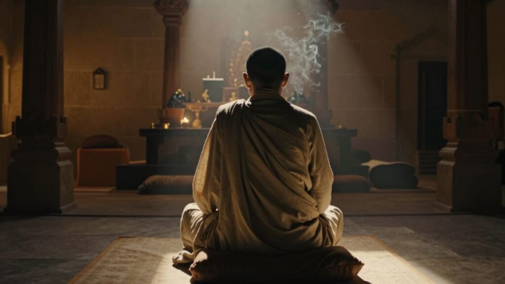 character sitting in shrine