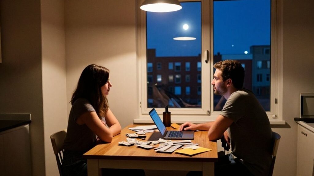 couple in the kitchen with bill envelopes