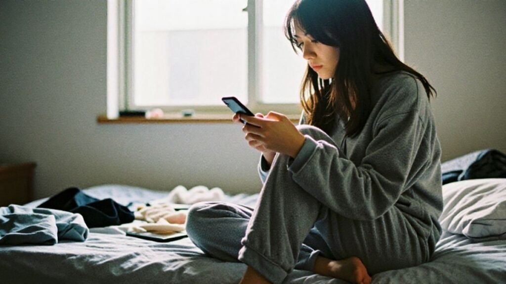female on the bed reading smartphone in deep focus
