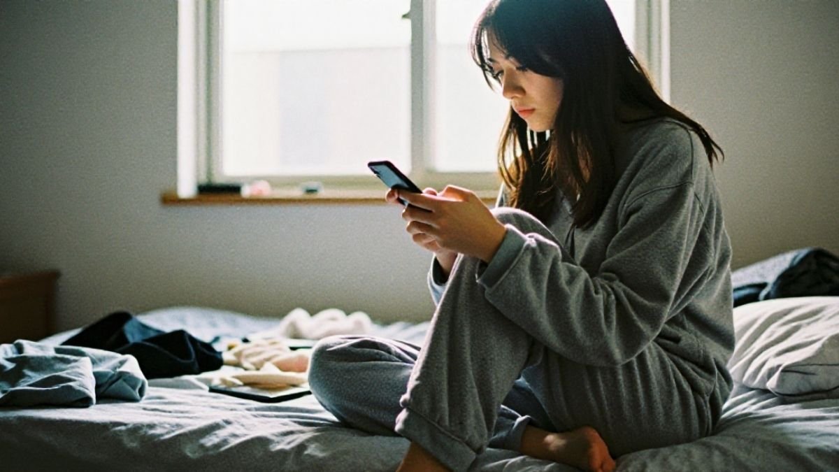 female on the bed reading smartphone in deep focus