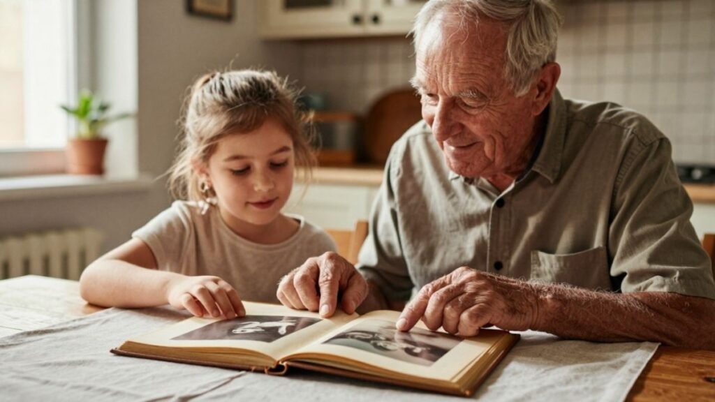 granddaughrt with granddad in the kitchen