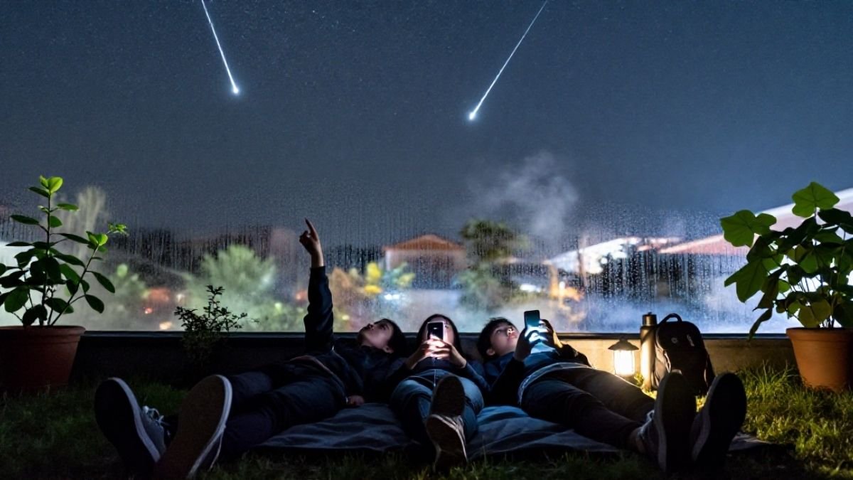 Three kids watching the rainy sky through a window while bright comets streak across the sky