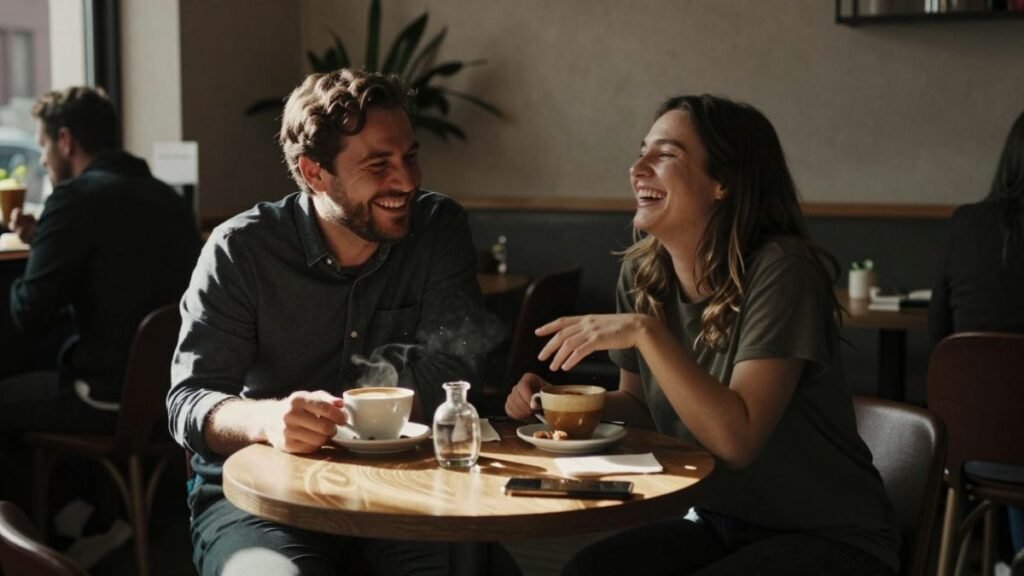 man and woman laughing in cafe