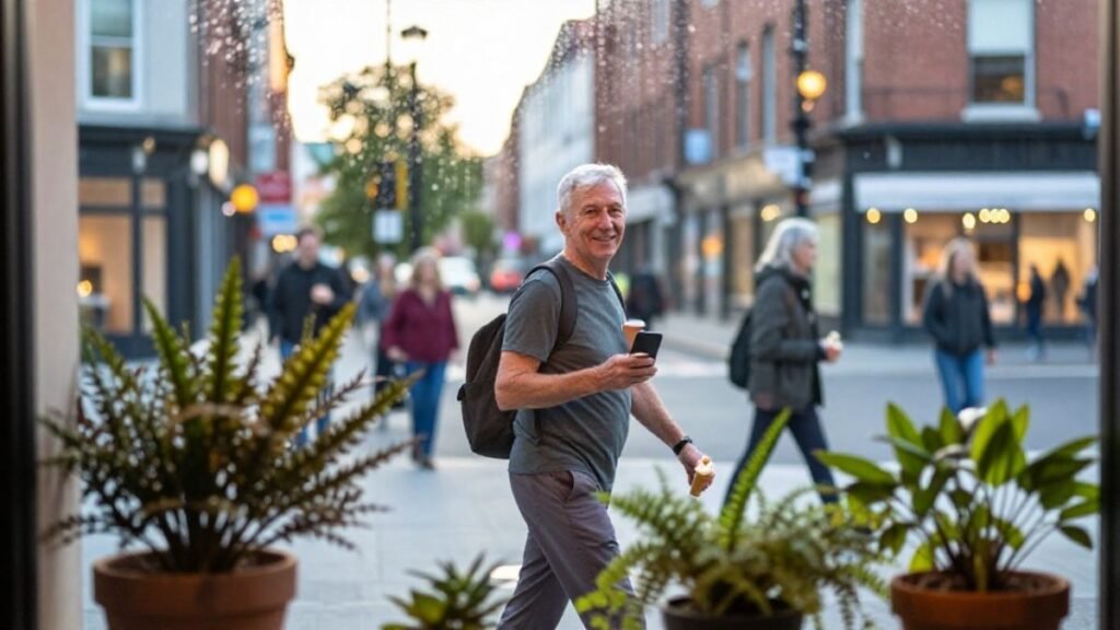 man passing by cafe window.