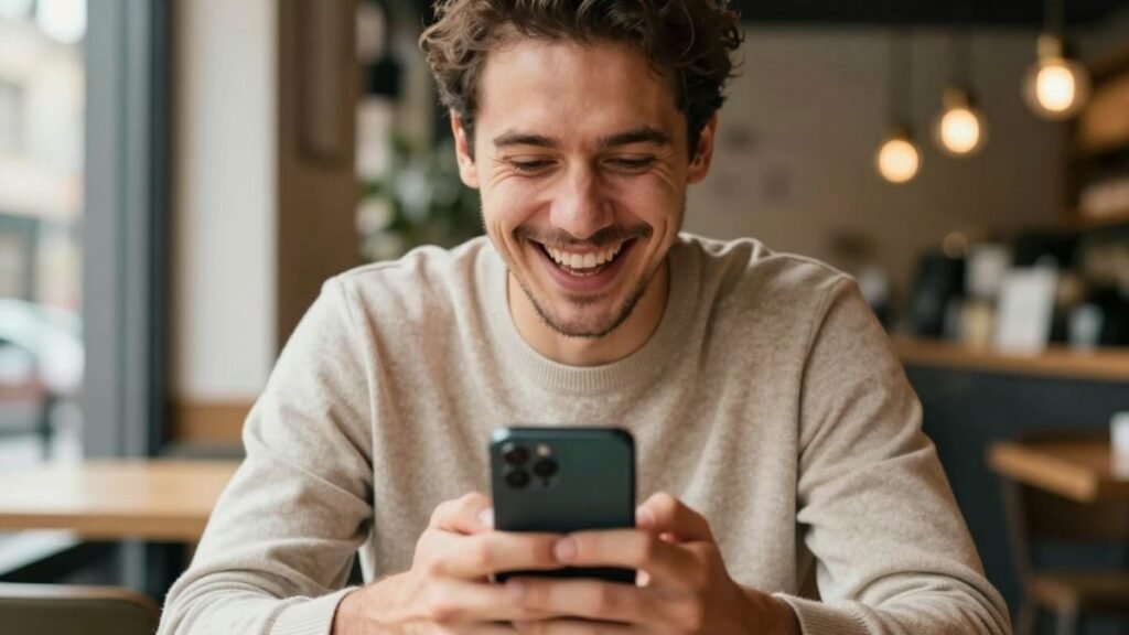 man smilling and looking at phones screen