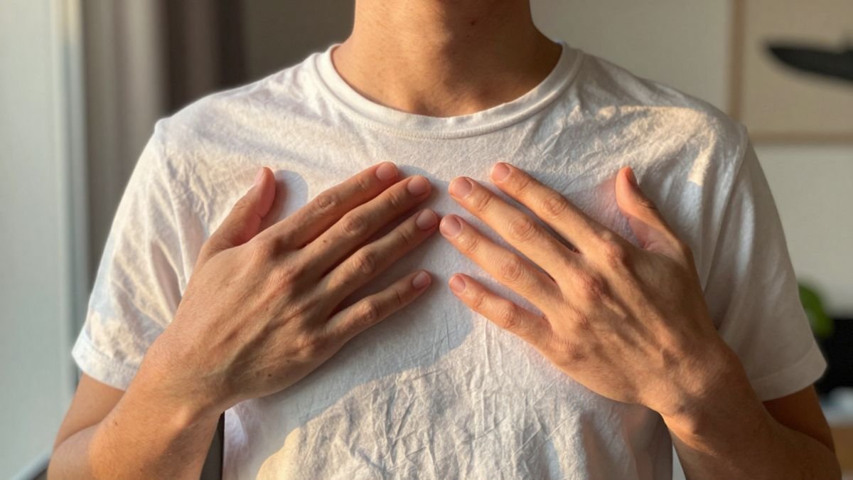 man touching his chest