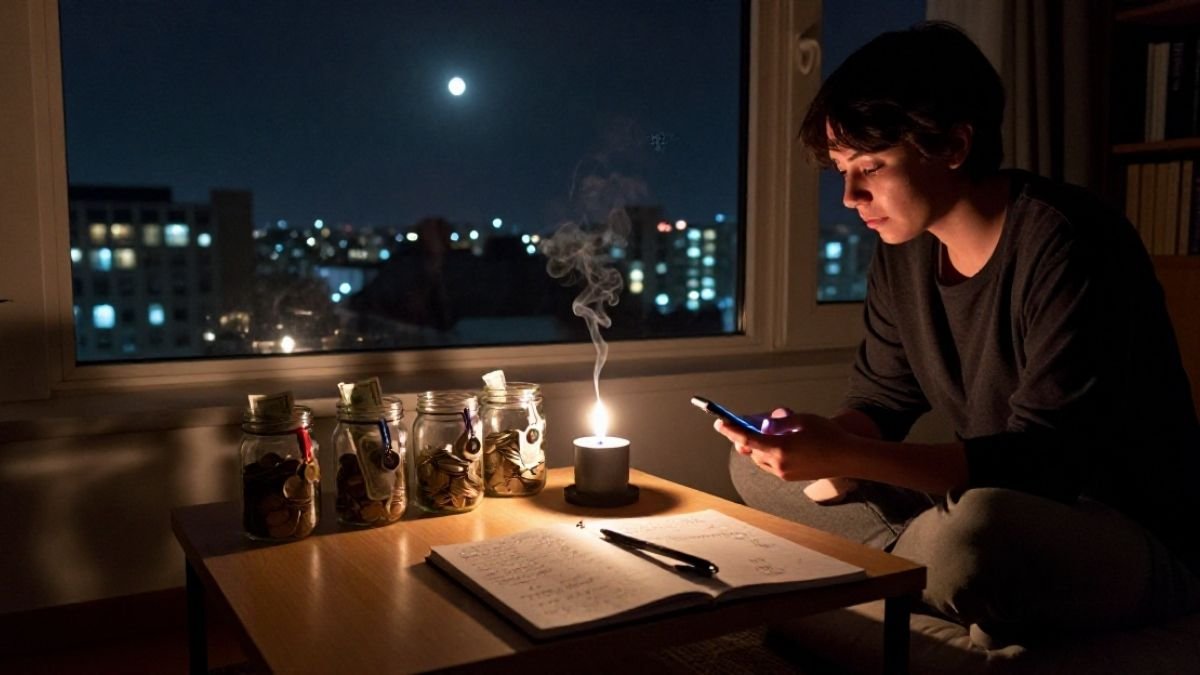 Woman sitting alone at a kitchen table by the window at night, lit by a candle and city lights, looking at her smartphone.