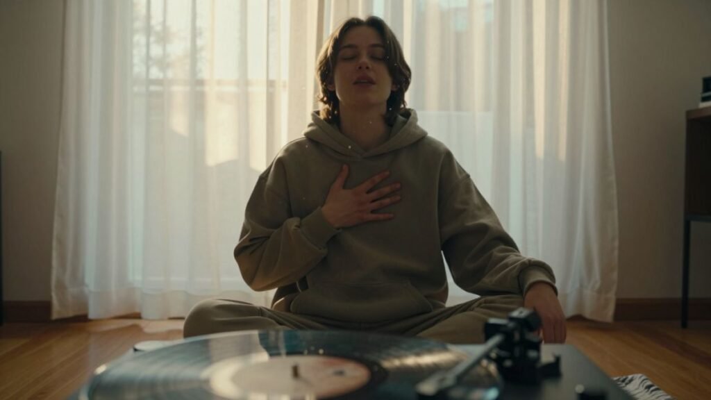 young man listens music