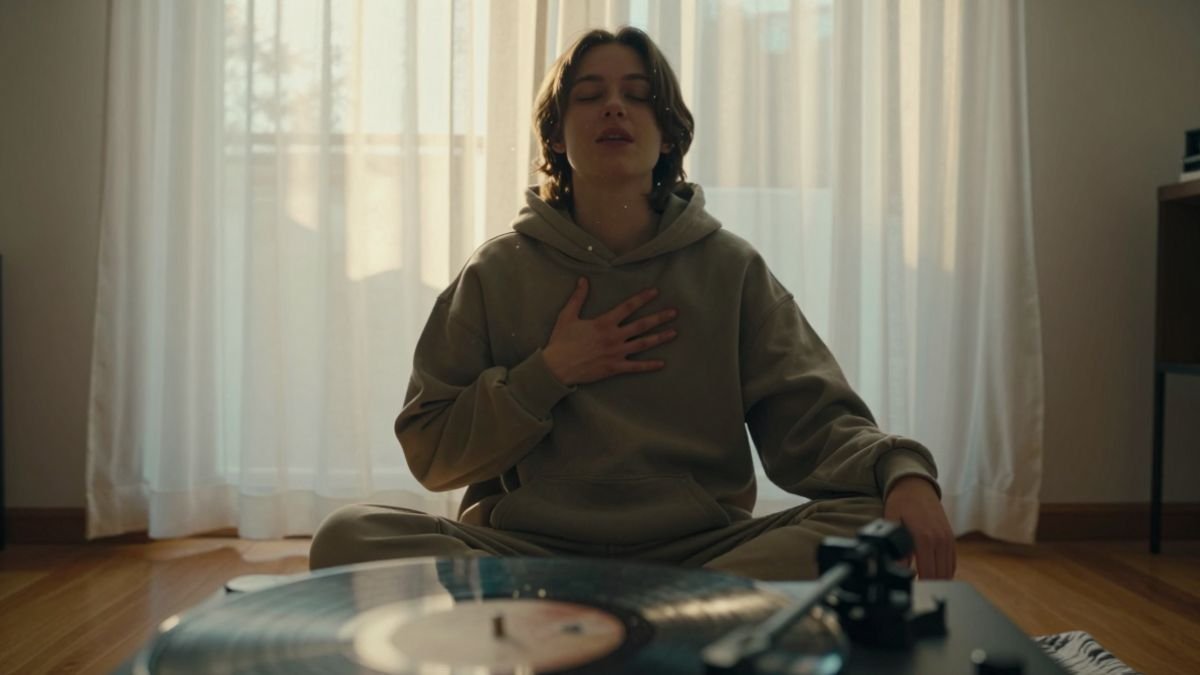 young man listens music